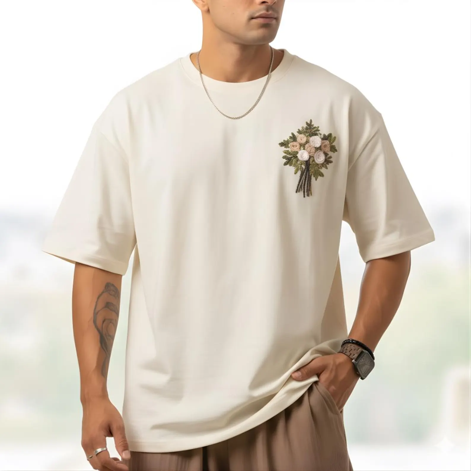 Hand Embroidered Floral Bouquet T-Shirt | Indian Wearable Art | 100% Cotton tee